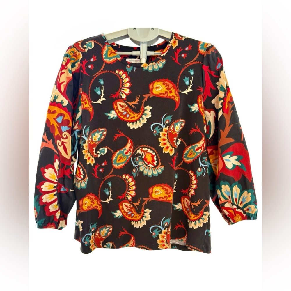Chico’s Paisley Puff Sleeve Top 3 | XL Black Multicolor Stretch Knit Boho NWOT